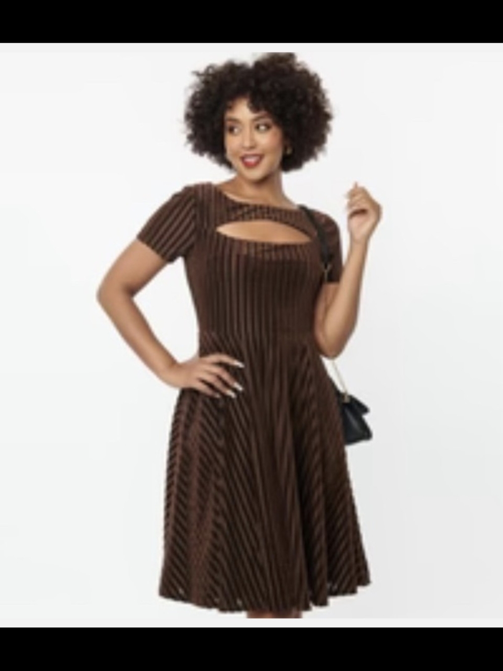 NWT Unique Vintage Brown Striped Fit-and-Flare Dress with Cutout